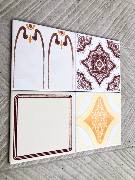 60s 70s vintage sunray geometric tiles in orange, yellow, brown — set of 4