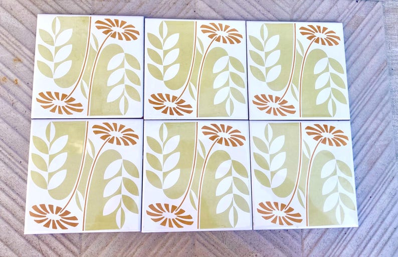 60s 70s Spanish vintage retro tiles – pop orange + green daisies backsplash — set of 6, photo 6 of 8