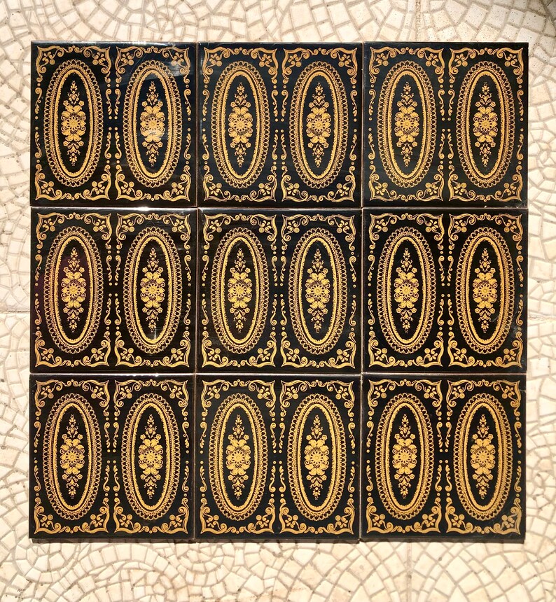 Original 70s retro tiles – Black, yellow, romantic, Art Nouveau style tiles — set of 9, photo 8 of 8