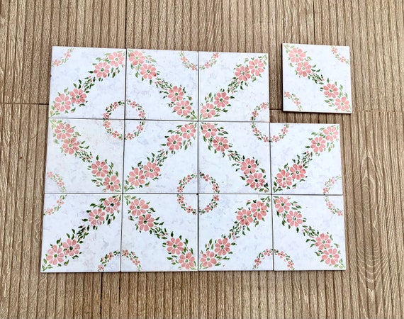 Spanish 60s 70s Pink Romantic Retro Tiles. 12 Pc Set. Vintage Mid