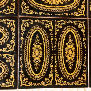 Original 70s retro tiles. Black, yellow, romantic, art nouveau style tiles. Floral tiles. NOS decorative MCM wall art.Black backsplash.9 pcs