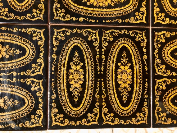 Original 70s retro tiles – Black, yellow, romantic, Art Nouveau style tiles — set of 9