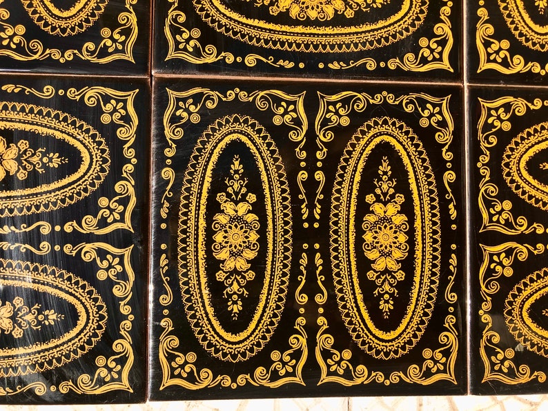 Original 70s retro tiles – Black, yellow, romantic, Art Nouveau style tiles — set of 9, photo 1 of 8