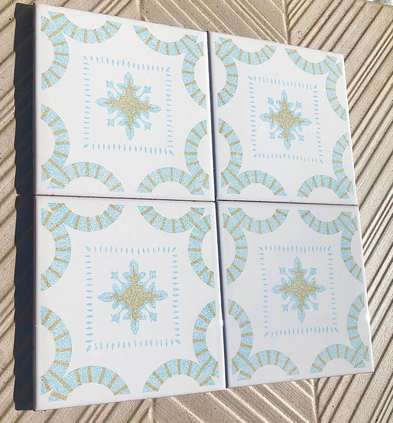 4 Vintage 70s Salvaged blue + ochre Spanish tiles, photo 5 of 9