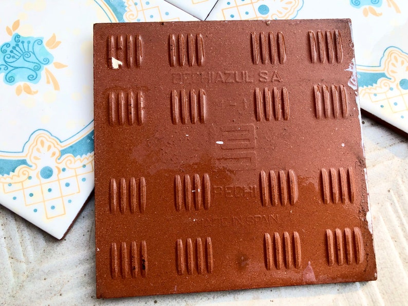 4 Spanish 70s blue and ochre tiles, photo 3 of 10