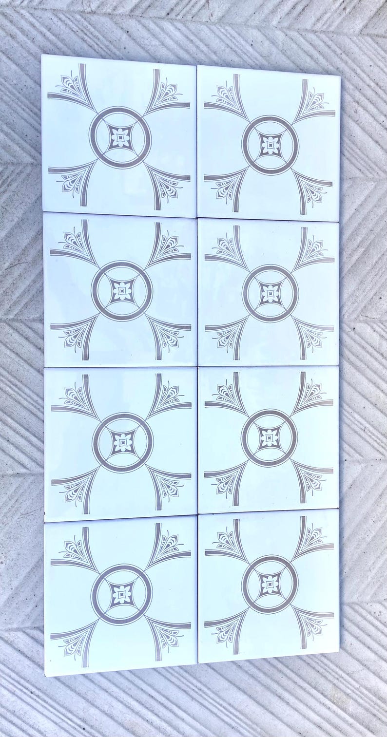 70s Spanish vintage tiles – White + light brown retro tiles — set of 8, photo 6 of 9