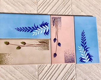 4 Spanish vintage 60s, 70s floral retro tiles . Blue, pink, brown tiles / wall plaques. Mid century decor,  flower power, romantic MCM.