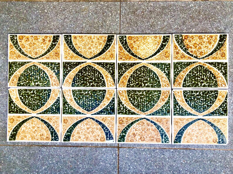 Vintage green, ochre 70s geometric tiles — set of 8, photo 6 of 8