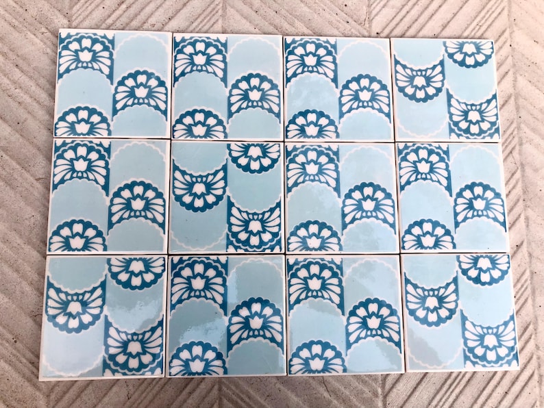 Vintage blue + white glazed retro tiles — set of 12, photo 2 of 10