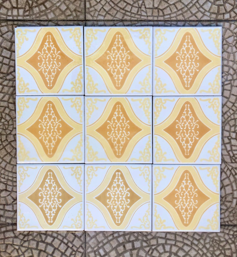 60s 70s vintage geometric tiles, Unused – 9 pc set yellow, orange, pop art tiles, photo 10 of 10