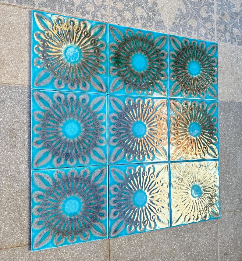 Original 70s retro Unused tiles – 9 pcs turquoise blue + brown Fat Lava tiles, photo 3 of 8