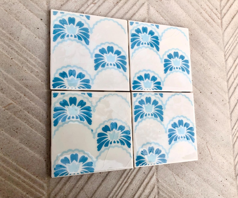 Vintage blue + white glazed retro tiles — set of 4, photo 9 of 9