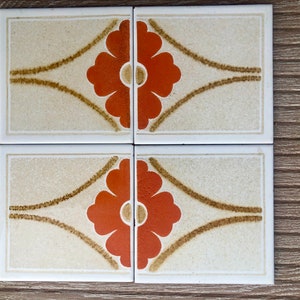 ORIGINAL orange retro tiles. 4 Mid century  groovy flower power decorative tiles, pop art. Orange backsplash. 60s 70s Spanish vintage