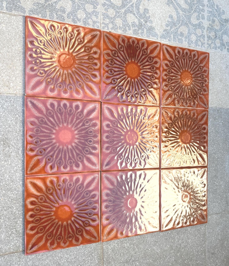 Original 70s retro Unused tiles – 9 pcs terracotta orange Fat Lava tiles, photo 3 of 6