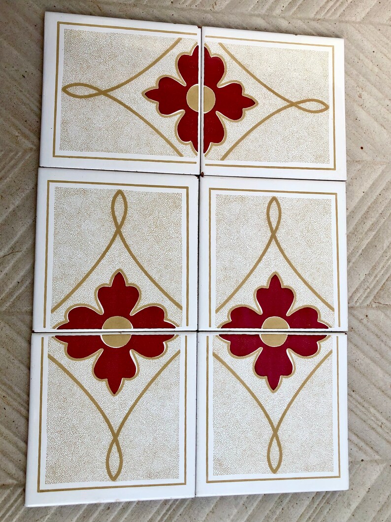 6 Spanish 70s vintage tiles – Mid century red, brown geometric Fat Lava tiles, photo 2 of 8
