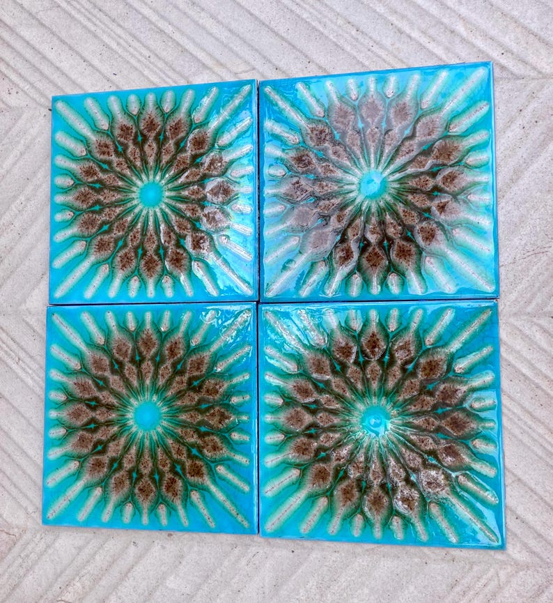 Original 70s vintage glazed blue retro tiles — set of 4, photo 2 of 10