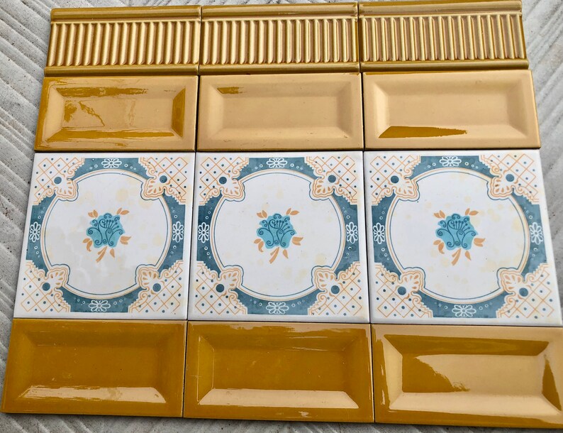 6 yellow Art Nouveau style border tiles, photo 6 of 8