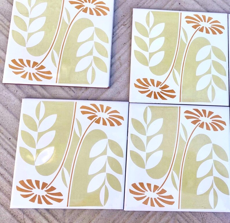 60s 70s Spanish vintage retro tiles – pop orange + green daisies backsplash — set of 4, photo 6 of 7