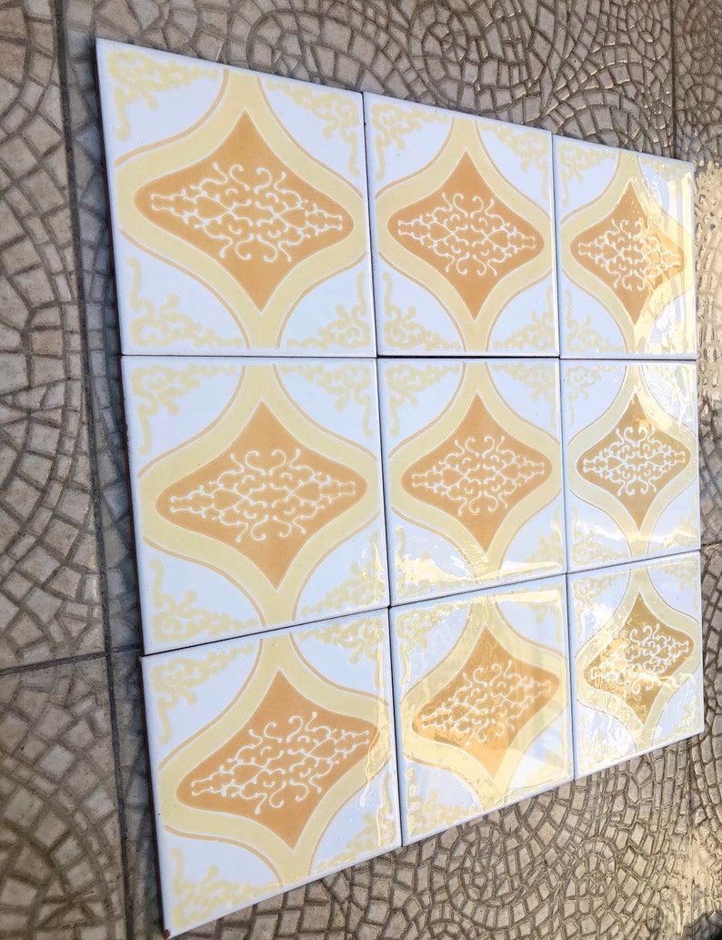 60s 70s vintage geometric tiles, Unused – 9 pc set yellow, orange, pop art tiles, photo 5 of 10