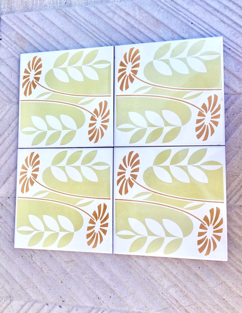 60s 70s Spanish vintage retro tiles – pop orange + green daisies backsplash — set of 4, photo 5 of 7