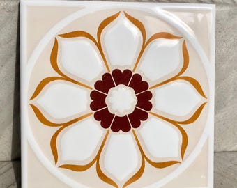 6 Spanish 70s original retro tiles. Beige, orange, brown vintage floral tile mural. 70s, MCM wall art. Flower power, sunflower backsplash.