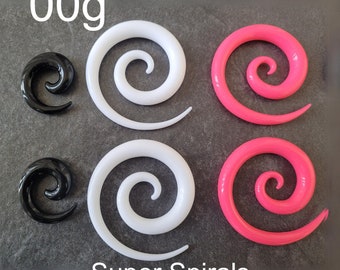 Pair 00g White Pink or Black Ear Plugs Super Spirals Tapers huge big hangers gauges 10mm 00 gauge earrings stretching stretched  unique