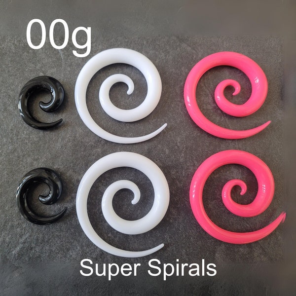 Pair 00g White Pink or Black Ear Plugs Super Spirals Tapers huge big hangers gauges 10mm 00 gauge earrings stretching stretched  unique