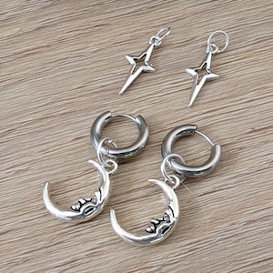 Star Moon Mix and Match Charm Celestial Dangle Hoop Earrings Set | Assymetrical | Detachable Charm Custom Design | Dangle Huggie Multi Pack