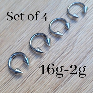 Juego de 4 aros de acero quirúrgico con forma de herradura, calibres para tabique nasal, piercings, 2 g, 4 g, 6 g, 8 g, 10 g, 12 g, 14 g y 16 g, aros de joyería para nariz grande y larga de plata