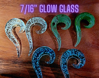 Glow Glass Ear Spirals Tapers Plugs Gauges 7/16" 11mm gauge earrings gauge organic hangers Green Blue Turquoise question mark gift men women