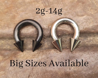 1 Black Titanium + 1 Silver Steel Spike Cone Horseshoe Large Barbell Septum Stretching 2g 4g 6g 8g 10g 12g 14g piercing pincher gauge big