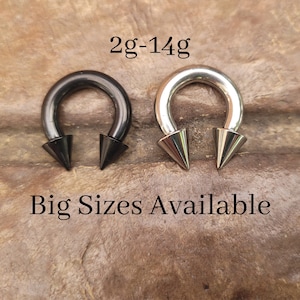 1 Black Titanium + 1 Silver Steel Spike Cone Horseshoe Large Barbell Septum Stretching 2g 4g 6g 8g 10g 12g 14g piercing pincher gauge big