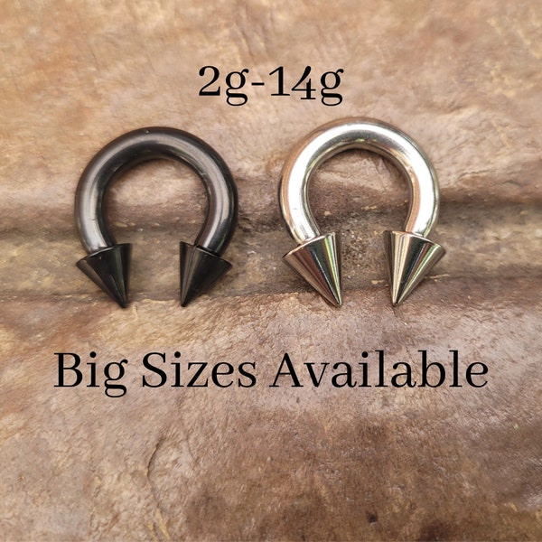 1 Black Titanium + 1 Silver Steel Spike Cone Horseshoe Circular Barbell Septum Stretching 2g 4g 6g 8g 10g 12g 14g piercing pincher gauge