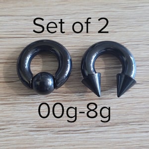 Black Steel Captive Bead Ring and Spiked Cone Horseshoe for Septum - Pincher Gauges 2g 4g 6g 8g big stretched men women cbr jewelry set