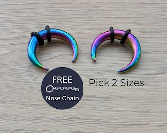 2 Pack Rainbow Steel Septum Pinchers Ear Plugs Ring Horseshoes Gauges Stretching Kit 0g 1g 2g 4g 6g 8g 10g 12g 14g Jewelry