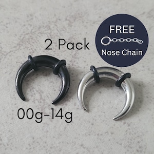1 Silver + 1 Black Steel Septum Pincher Rings Horseshoe Gauged Piercing Nose Ring Chain 00g 0g 2g 4g 6g 8g 10g 12g 14g jewelry