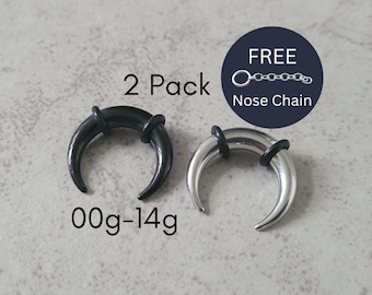 1 Silver + 1 Black Steel Septum Pincher Rings Horseshoe Gauged Piercing Nose Ring Chain 00g 0g 2g 4g 6g 8g 10g 12g 14g jewelry
