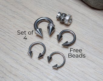 Set 4 Silver Steel Septum Spike Horseshoes Cone Ears Tapers pinchers Gauges 2g 4g 6g 8g 10g 12g 14g 16g hoops jewelry cartilage conch helix