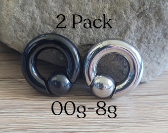 Juego de 2 tapones para el septo de acero quirúrgico 316L con resorte, color negro y plateado, con forma de herradura, calibres 00 g, 0 g, 2 g, 4 g, 6 g y 8 g, grandes y estirados.