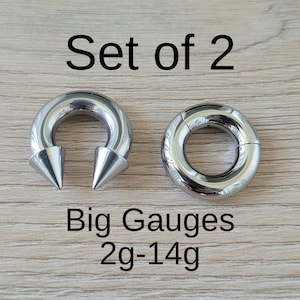 Set of 2 Silver Horseshoe Spike Cone Hinged Clicker Ring Surgical Steel 2g 4g 6g 8g 10g 12g 14g septum stretching piercing kit big gauge