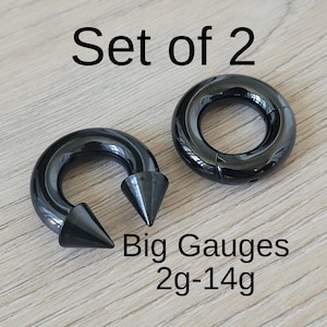 Set of 2 Black Horseshoe Spike Cone Hinged Clicker Ring Surgical Steel 2g 4g 6g 8g 10g 12g 14g septum stretching piercing kit big gauge