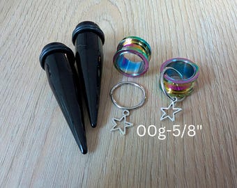Rainbow Steel Ear Stretching Kit – Black Acrylic Tapers + Screw-Fit Tunnels with Star Charms
