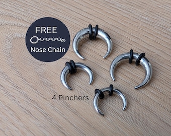 Silver Septum Stretching Kit 00g–14g | 4 Pack Steel Pincher Tapers with Free Nose Chain | Stretched Piercing Set