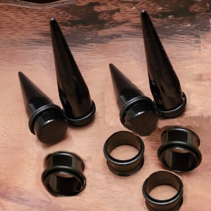 2 Pairs Black Taper and Steel Tunnels Ear Stretching Kit gauges plugs 1g 0g 00g 1/2 9/16 5/8 3/4 7/8 1 inch set steel metal single flare