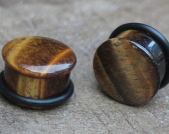 Pair of Tiger Eye Organic Stone Single Flare Plugs Ear Gauges 5/8 9/16 1/2 00g 0g 2g 4g 6g