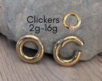 PAR de pendientes de aro de oro de 2 g, 4 g, 6 g, 8 g, 10 g, 12 g y 14 g con segmento de clic y bisagra, de acero, de gran calibre, para perforación de orejas, cartílago, anodizado para hombres y mujeres.