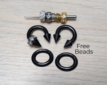 2 PAIR Black Gauges Spike Horseshoe Clicker Ring Plugs 2g 4g 6g 8g 10g 12g 14g Hinged Hoop Earrings Steel Big Gauges Ear Piercing men women