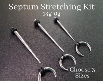 Steel Septum Stretching Kit |Choose 3 sizes |Pincher Taper Horseshoe Nose Gauge Gauging 0g 1g 2g 4g 6g 8g 10g 12g 14g stretching jewelry set