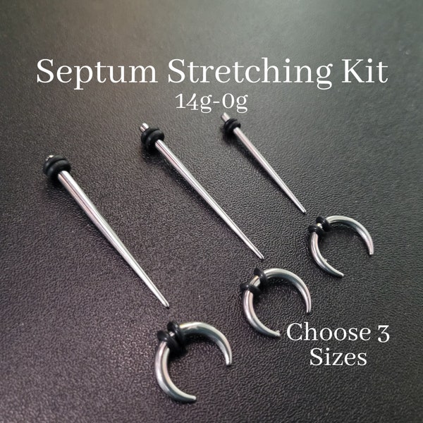 Steel Septum Stretching Kit |Choose 3 sizes |Pincher Taper Horseshoe Nose Gauge Gauging 0g 1g 2g 4g 6g 8g 10g 12g 14g stretching jewelry set