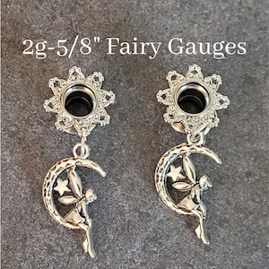 Pair Fairy 2g 0g 00g 1/2 9/16 5/8 Inch plug Dangle Screw pretty Silver Steel Tunnel Gauge Ear Stretching jewelry drop earring unique moon